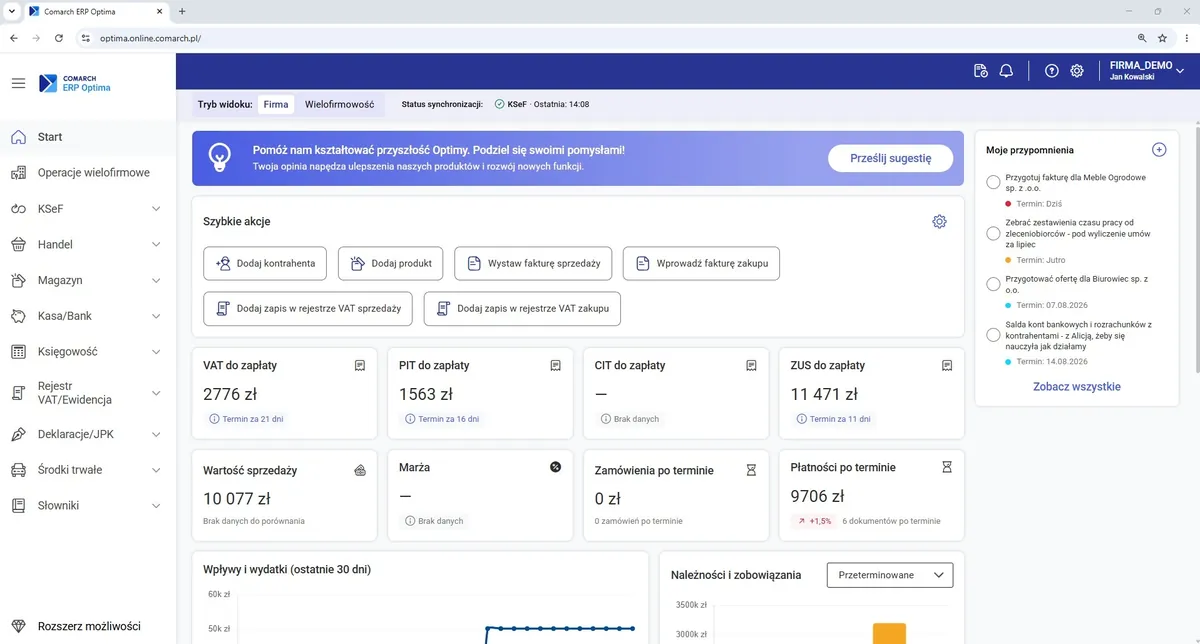 Comarch ERP Optima WEB w przeglądarce: pulpit z szybkimi akcjami