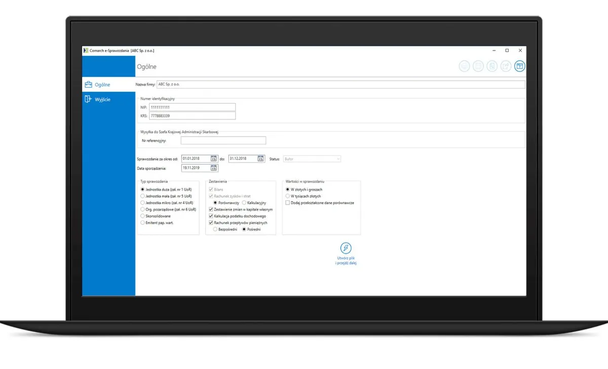 Comarch e-Sprawozdania na laptopie: sprawozdanie finansowe