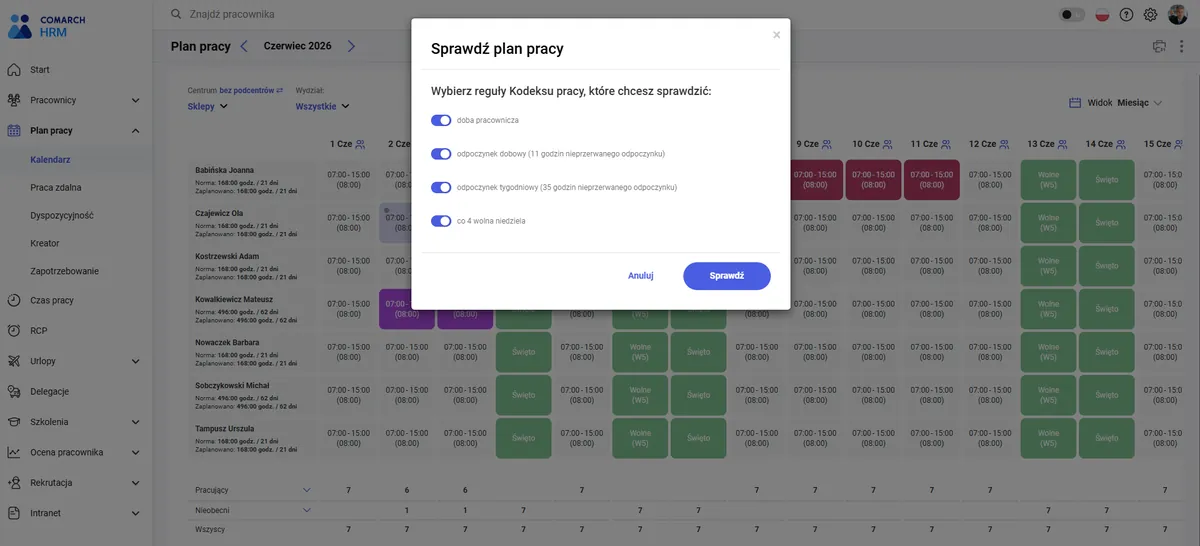 Comarch HRM: plan pracy pracowników w przeglądarce