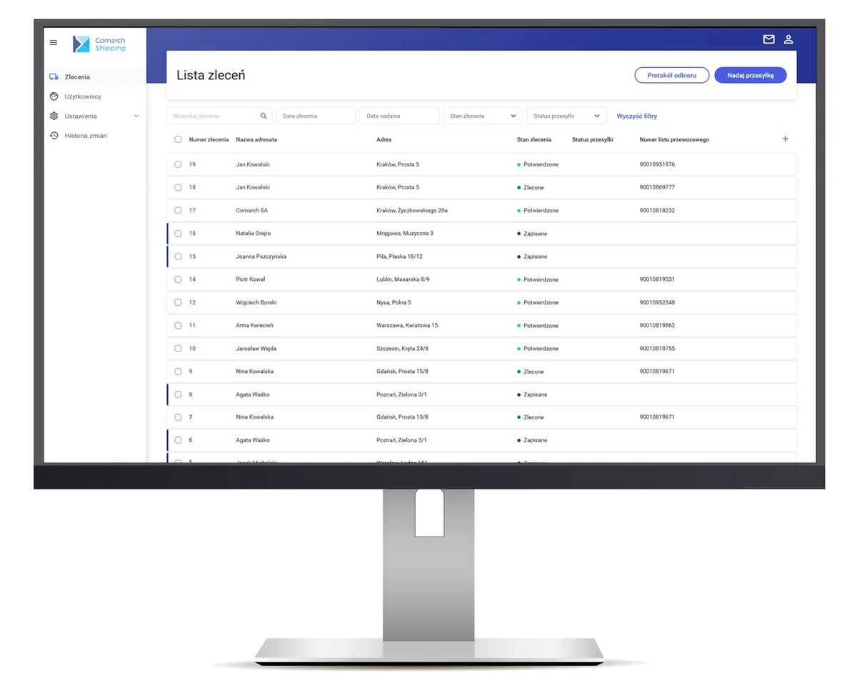 Comarch Shipping na monitorze: lista zleceń wysyłki do kurierów