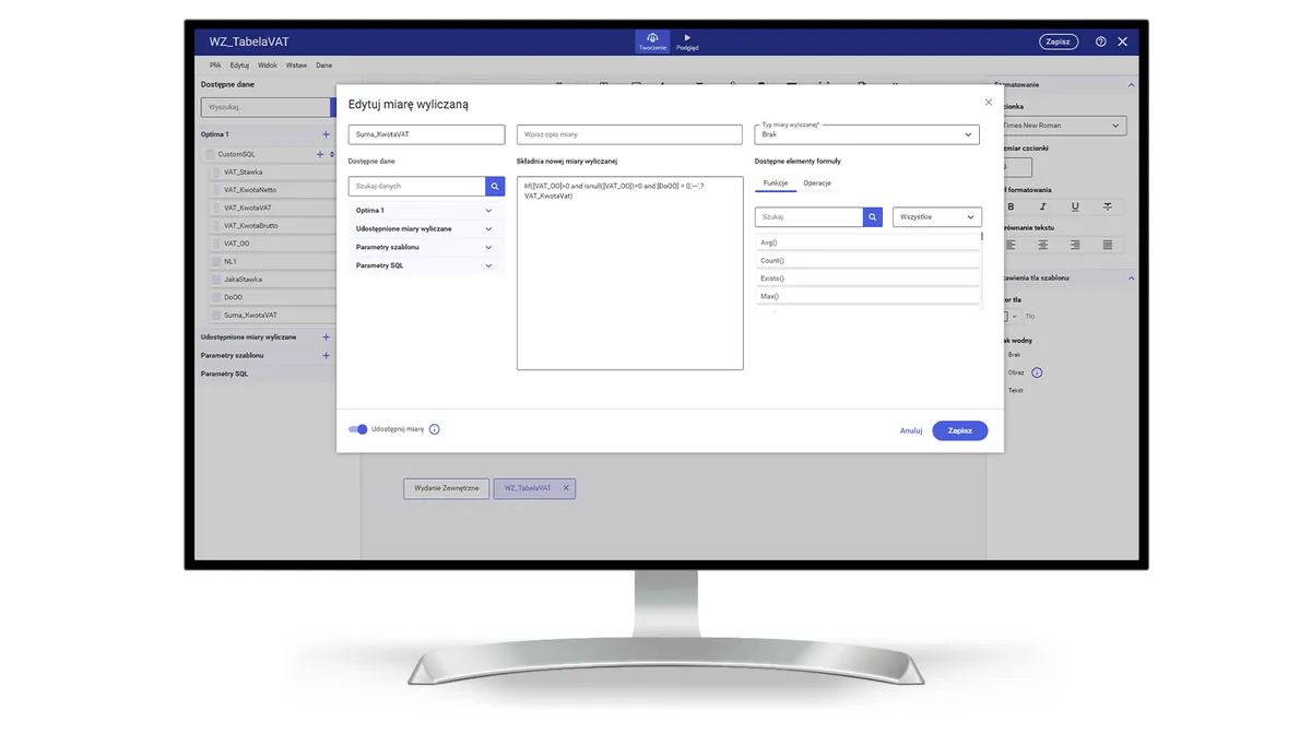 Comarch sPrint na laptopie: edytor wzoru wydruku faktury