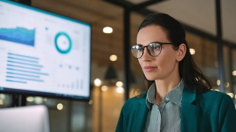 Analityczka przy ekranie z wykresami – enova365 Business Intelligence