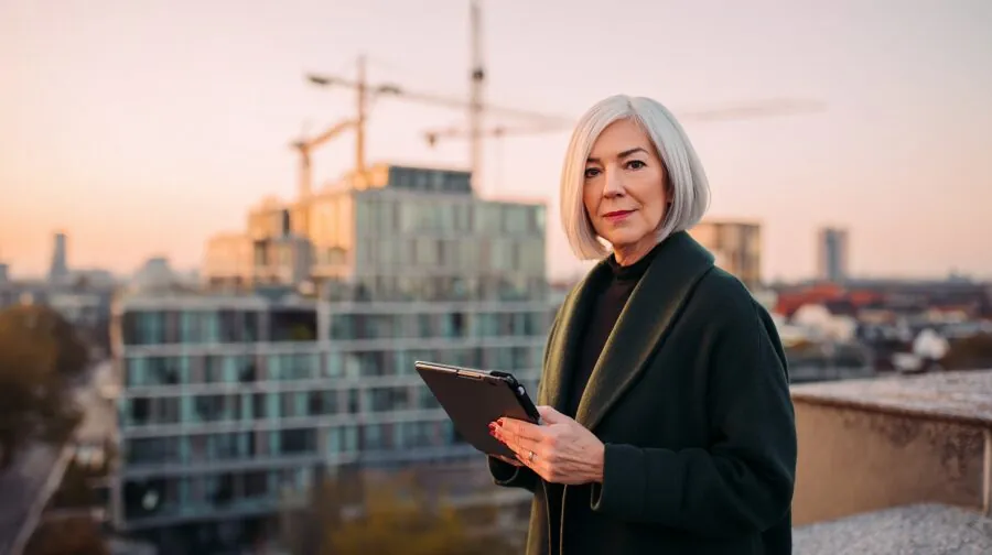 Zarządczyni nieruchomości z tabletem na tle budynków – enova365 Nieruchomości