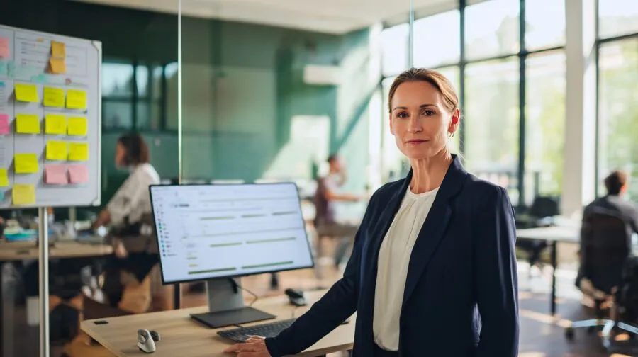 Zespół przy tablicy zadań i monitorze – enova365 Procesy