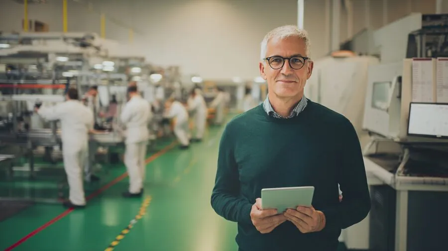 Kierownik produkcji z tabletem na hali – enova365 Produkcja