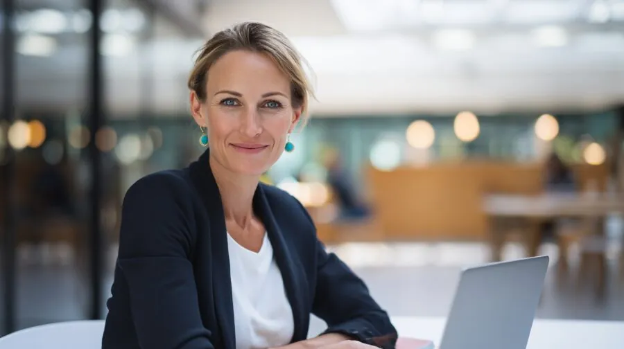 Pracowniczka przy laptopie – Pulpit Pracownika enova365
